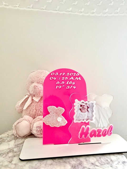 Acrylic Baby Announcement Sign with Crochet Outfit - Modern Nursery Decor (girl)