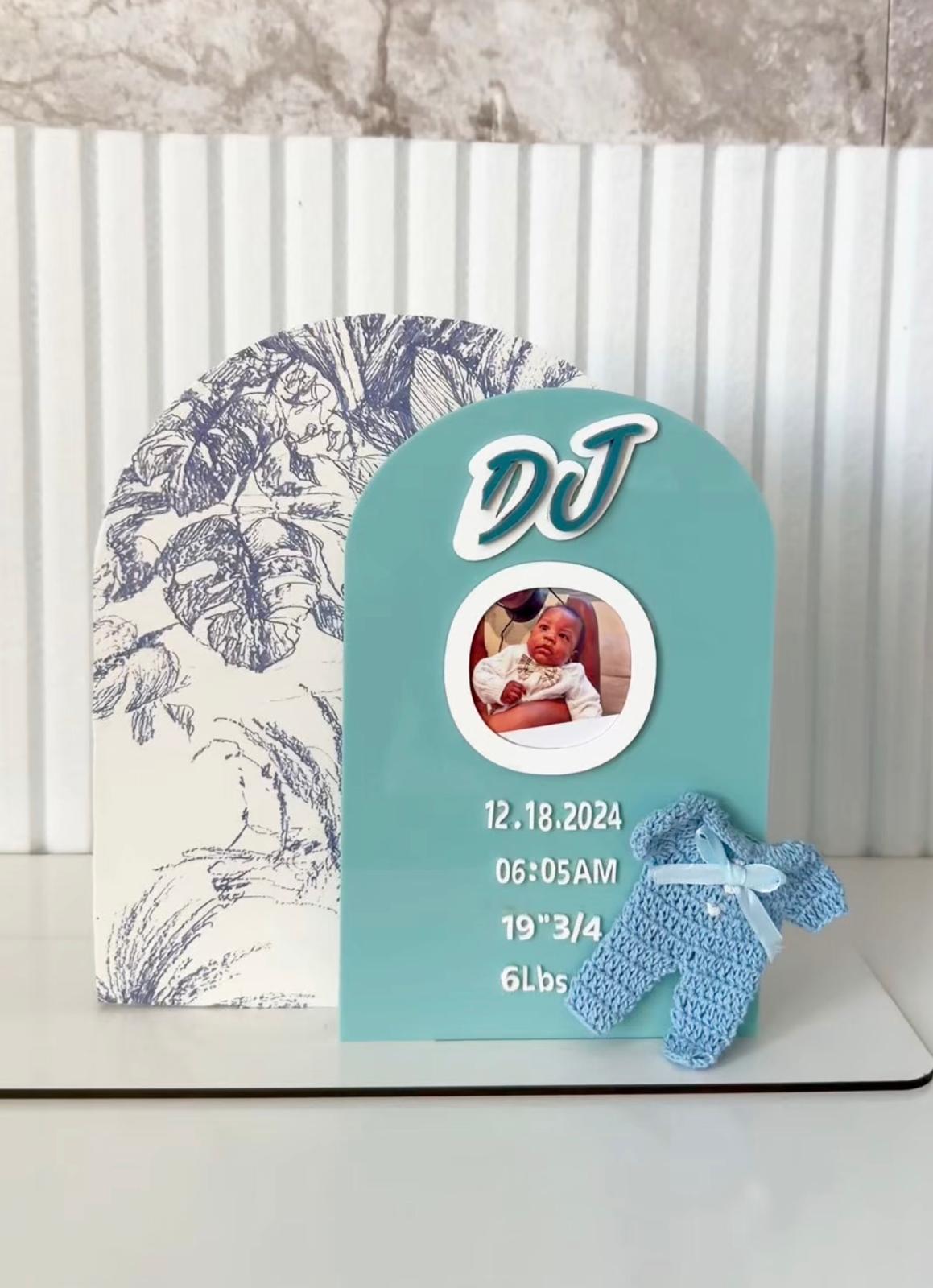 Acrylic Baby Announcement Sign with Crochet Outfit - Modern Nursery Decor